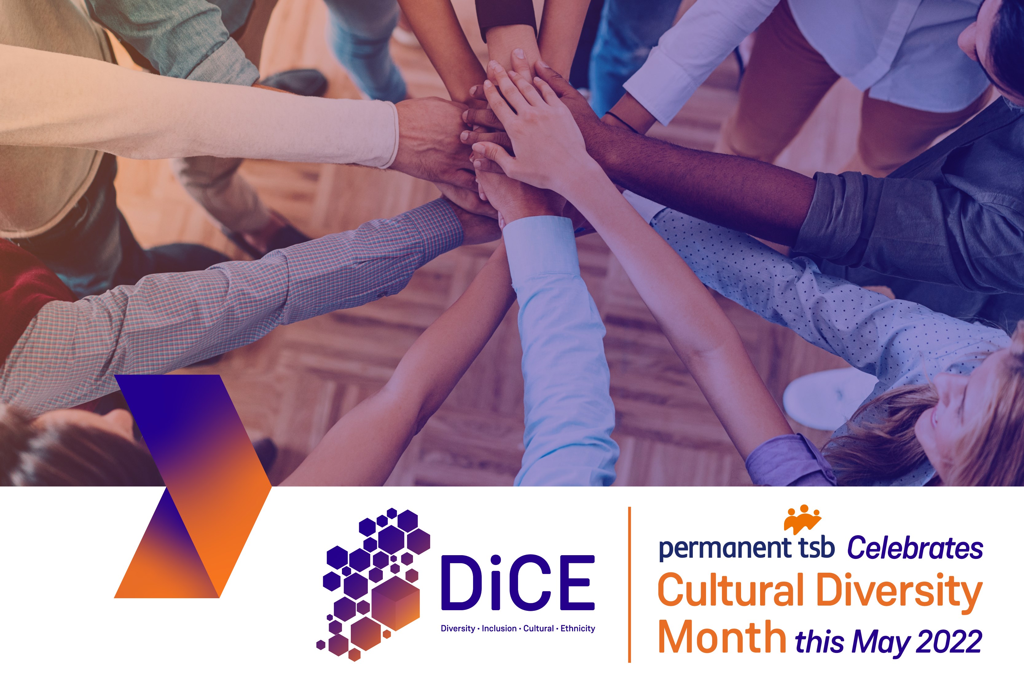banner with image showing people from different cultural backgrounds all holding hands in a stack, text underneath 'DiCE, Cultural Diversity Month